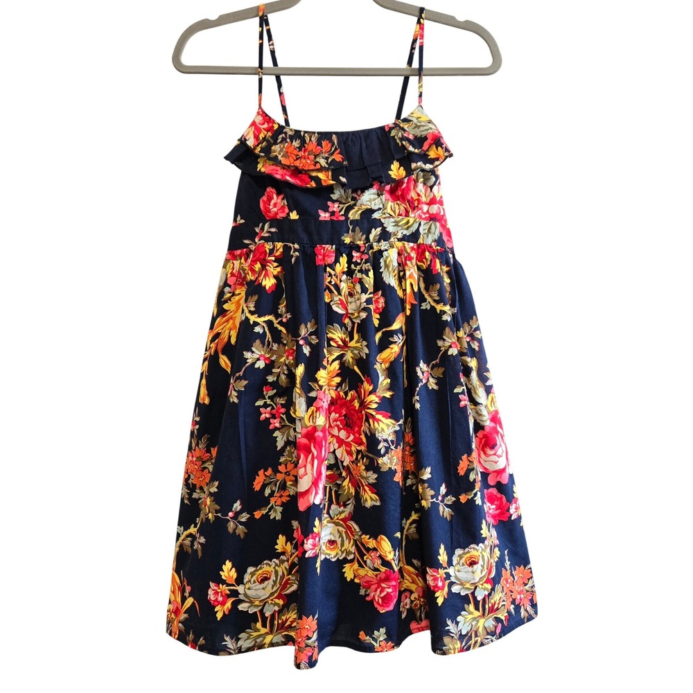 Xhilaration‎ Women's Floral Sun Dress Navy Blue Ruffle Neck Smocked Back Size L